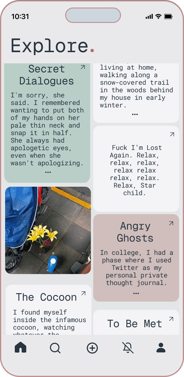 LOOM app, explore feed showing a masonry grid of posts with titles, excerpts, and images.