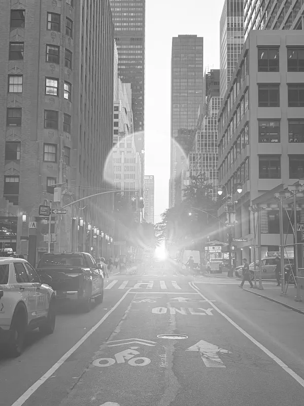 A city street in black and white, sun flaring at the end of the avenue.