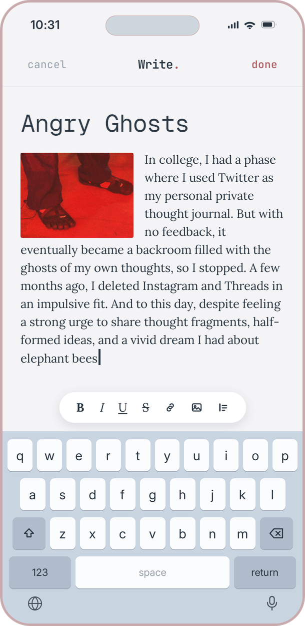 LOOM app, writing view with a rich text editor showing a post being composed.